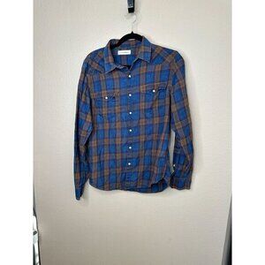 Lucky‎ Brand Mens Blue Flannel Small long sleeve collared pearl button up cuffed